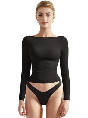 Women's Black Crew Neck Long Sleeve Crop Top Double Lined Fitted Shirt
